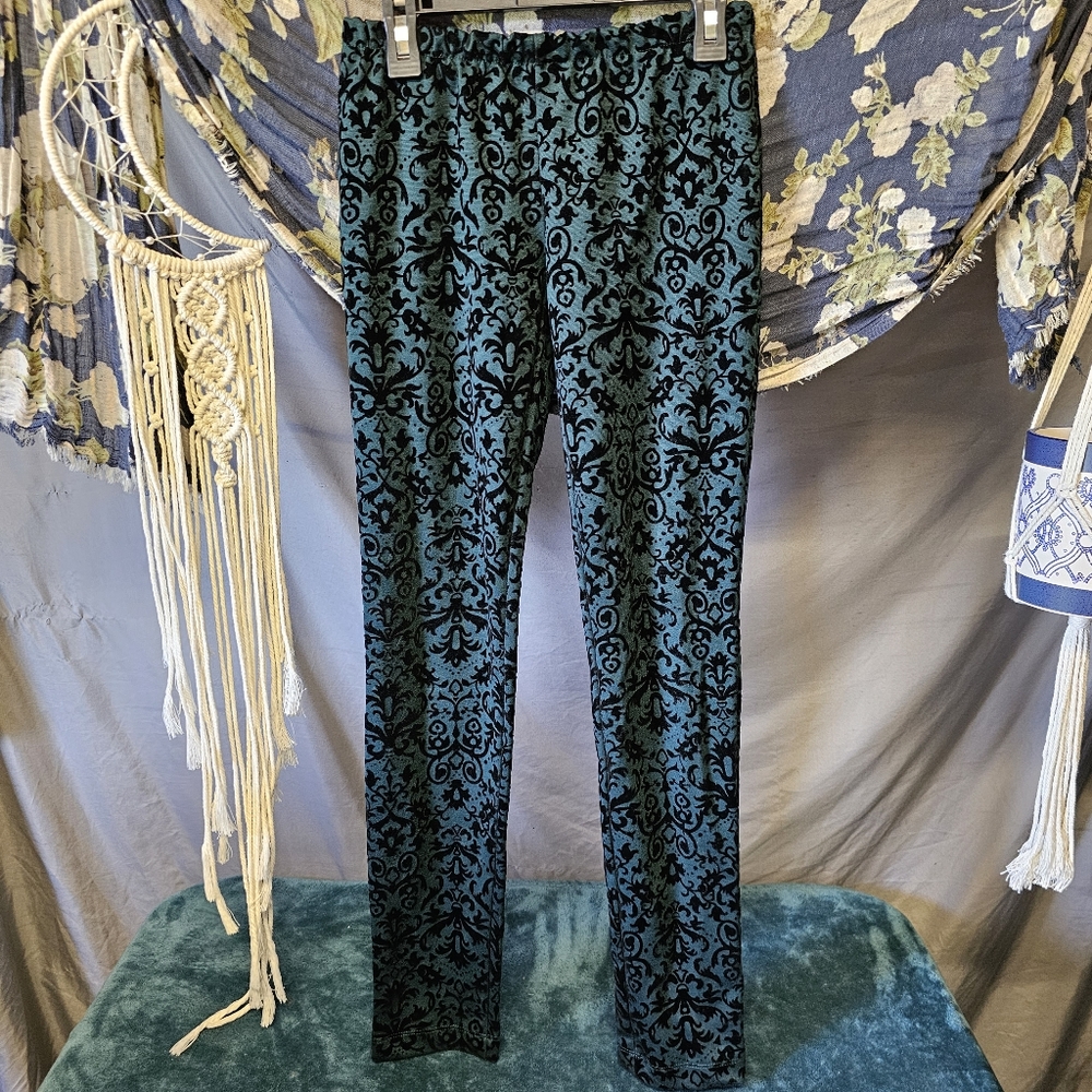 3/$25 Teal & Velvet Black Damask Print Pull On Pants size XS